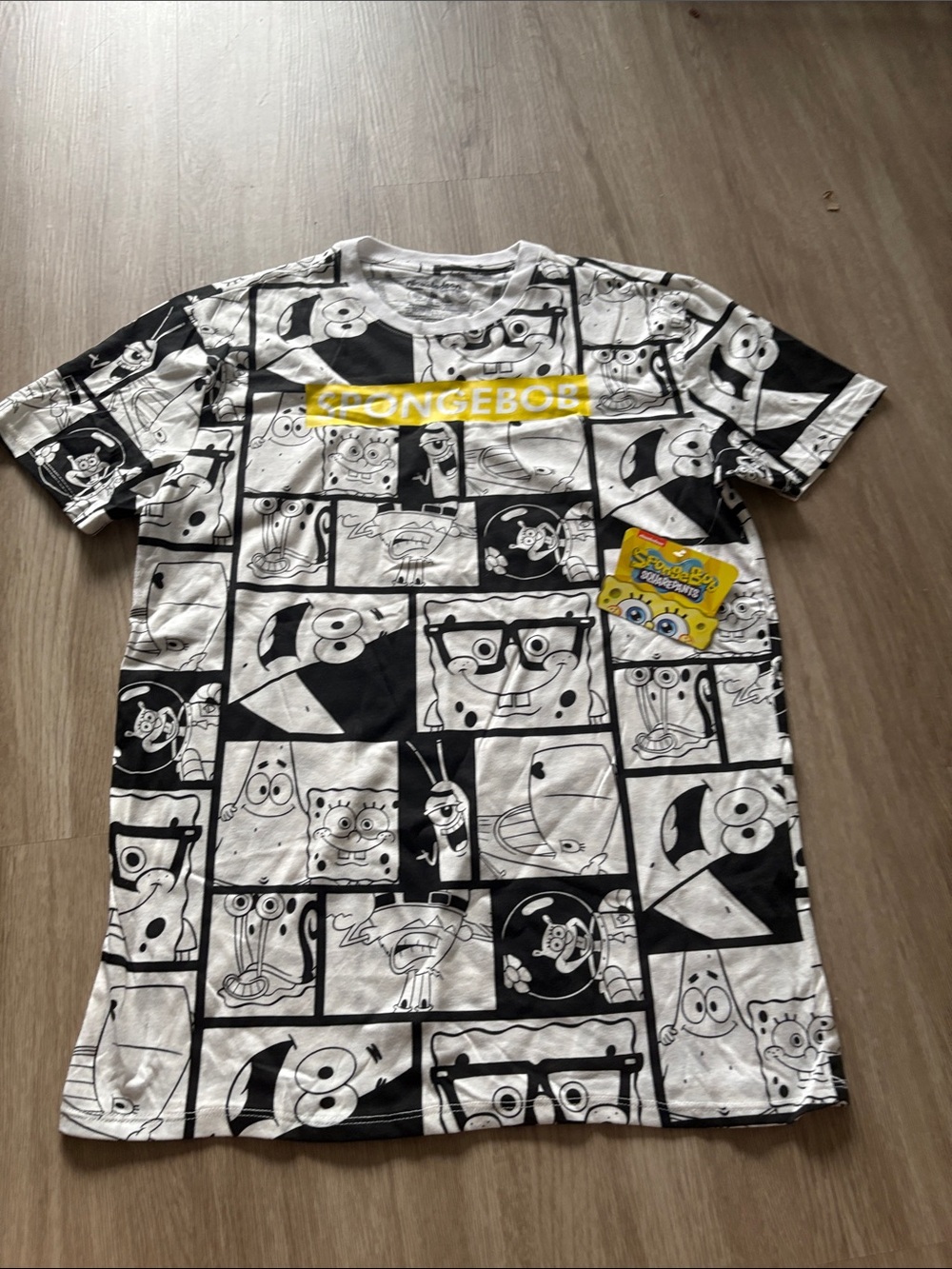Nickelodeon SpongeBob Black and White Graphic Tee with Yellow Logo